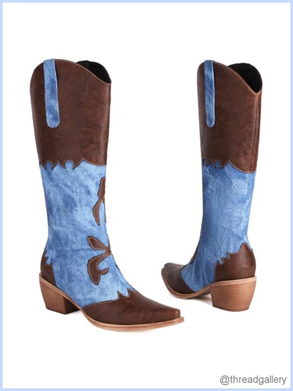 Women's Cowboy Boots PU Leather Denim Patchwork Knee High Chunky Heel Pointed